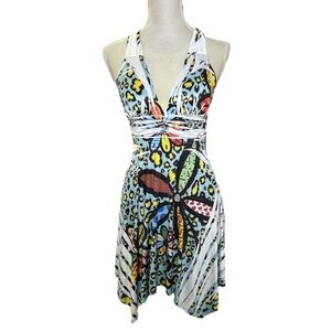 Katydid Blue and Green Asymmetrical Dress with Vibrant Patterns